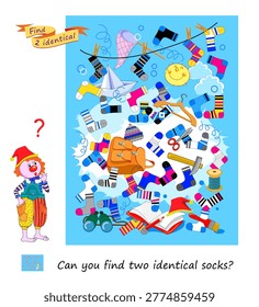 Can you find two identical socks? Hand drawn vector illustration. Logic puzzle for children and adults. Game Seek and Find. Page for kids brain teaser book. Task for the most attentive. IQ test.