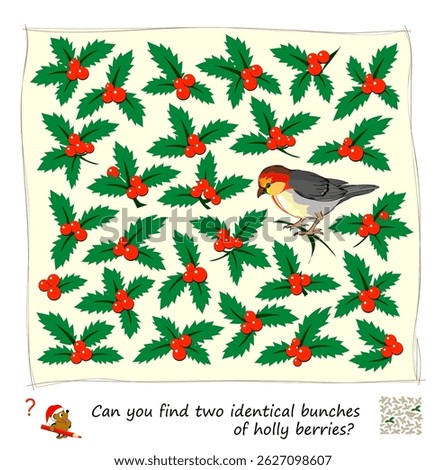 Can you find two identical bunches of holly berries? Logic puzzle for children and adults. Game Seek and Find. Page for kids brain teaser book. Task for attentiveness. IQ test. Hand drawn flat vector