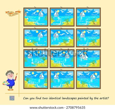 Can you find two identical landscapes painted by the artist? Game Seek and Find. Logic puzzle for children and adults. Brain teaser book. IQ test for attentiveness. Hand drawn flat vector illustration