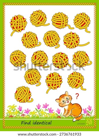 Can you find two identical balls of thread? Logic puzzle game for children and adults. Memory exercises for seniors. Page for kids brain teaser book. IQ test. Hand drawn vector. Game Seek and Find.