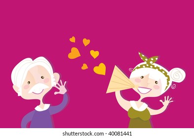 Can you hear me?. Grandmother and grandfather in love. Vector vintage illustration.