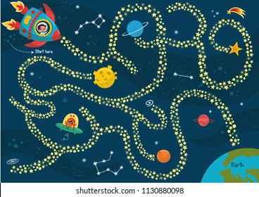 Can you help the astronaut to rich the Earth? Vector maze game for kids.