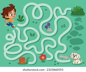 Can you help the boy to find his dog? Vector illustration for children.
