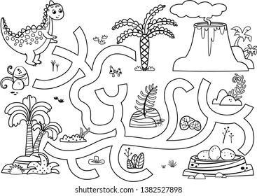 Can you help the dinosaur to find the eggs? Black and white vector illustration game with dinosaur theme. 