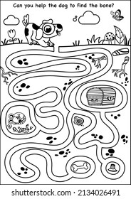 Can you help the dog to find the bone? Black and white maze illustration for children.