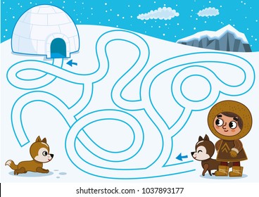 Can you help the eskimo for find his igloo house? (Vector illustration)