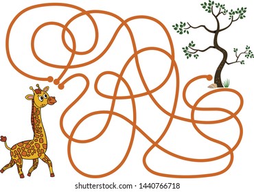 Can you help the giraffe to find the food? Vector puzzle game for kids.