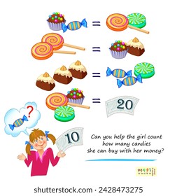 Can you help the girl count how many candies she can buy with her money? Mathematical logic puzzle game for smartest. Solve examples and find solution. Brain teaser book. Memory training for seniors.