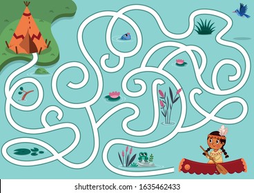 Can you help the native girl to find the village? Vector puzzle game for kids. Native American Girl maze Game For Kids. Vector illustration.
