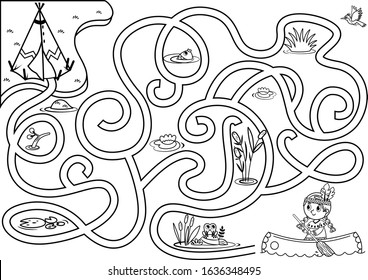 Can you help the native girl to find the village? Vector puzzle game for kids. Native American Girl maze Game For Kids. Black and white. Vector illustration.