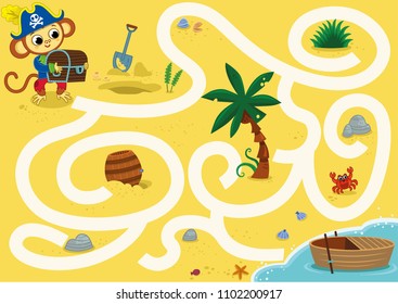 Can you help the pirate monkey to rich the boat? Vector maze game for kids.