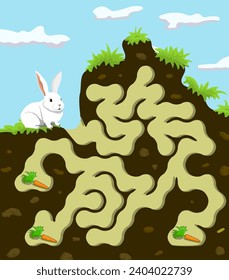 Can you help rabbit to find three carrots? Maze game for small kids with bunny and his burrow. Colorful vector labyrinth inside the earth. Very easy preschool logic puzzle.