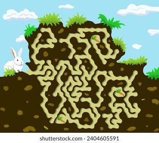 Can you help rabbit to find three carrots? Maze game for kids with bunny and his burrow. Colorful vector labyrinth inside the earth. Easy difficulty logic puzzle.