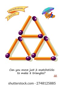 ¿Puedes mover solo 2 fósforos para hacer 8 triángulos? Juego de rompecabezas de lógica con fósforos para los más inteligentes. Página para el libro del rompecabezas del cerebro. Desarrollar habilidades de pensamiento espacial. Ilustración vectorial dibujada a mano.