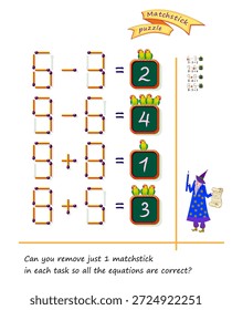 Você pode remover apenas 1 matchstick em cada tarefa para que todas as equações estejam corretas? Jogo de quebra-cabeça lógico com fósforos. Exercícios sobre adição e subtração. Livro de provocação cerebral. Ilustração de vetor desenhada à mão