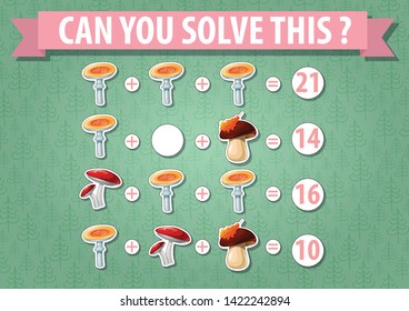 Can you solve this? Math game with cartoon mushrooms on green background with forest. Vector.