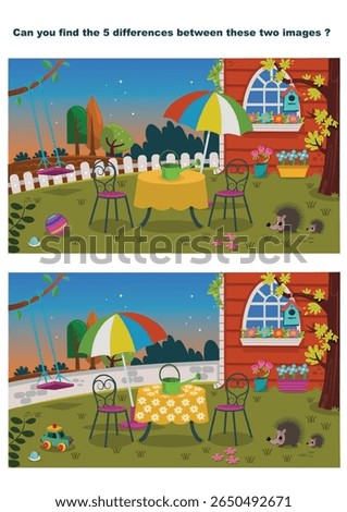 Can You Spot the 5 Differences? - Cute Garden Scene Puzzle Illustration