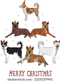 Canaan dog dogs wearing winter hats. Cute funny dogs. Abstract Christmas tree. Vector illustration. Merry Christmas greeting card with the cute funny sitting and standing dogs, holiday, purebred.