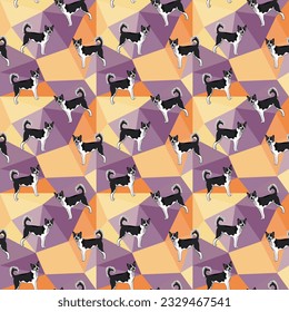 Canaan dog on a mosaic geometric background. Funky, colorful vibe, pastel colors palette. Simple, clean, modern texture. Geometric, polygon style. Summer seamless geometric pattern with mongrel dogs. 