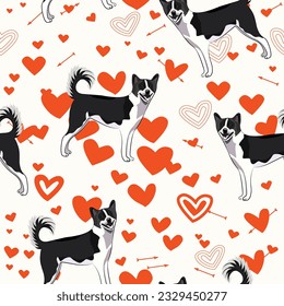 Canaan dog Valentine's day bright heart wallpaper. Love doodles hearts holiday square background, repeatable pattern. St Valentine's day wallpaper, Valentine's present, print tiles. Red pastel color.