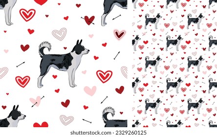 Canaan dog dog Valentine's day heart wallpaper. Love doodles hearts with pets holiday texture. Square background, repeatable pattern. St Valentine's day wallpaper, valentine present, print tiles.