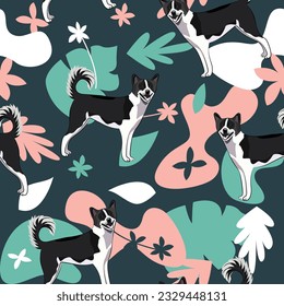 Canaan dog wallpaper with leaves, palms, flowers, plants. Pastel navy, floral repeatable pattern. Holiday abstract natural shapes. Seamless floral background with dogs. Birthday wallpaper. Natural.