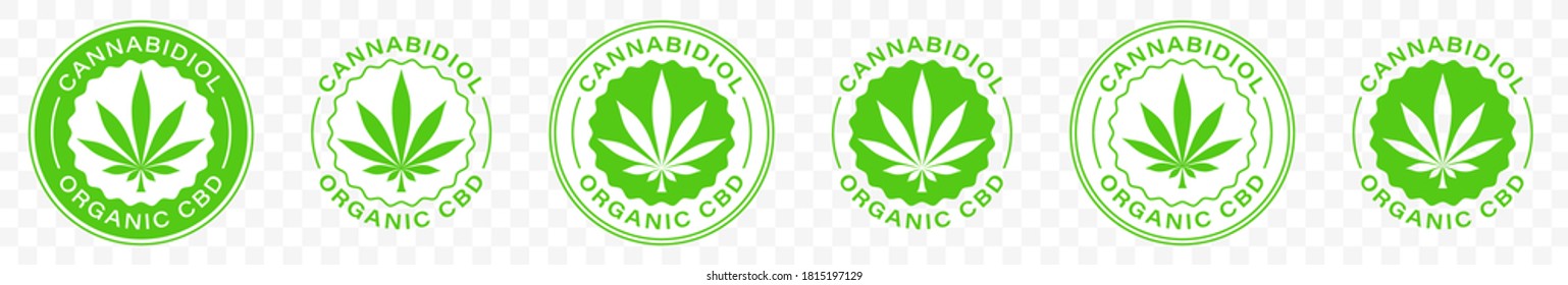 Canabis leaf vector icon. Produced 100 percent organic cannabis or hemp cosmetics and natural pharmaceutical stamp logo. Information label. Vector illustration.