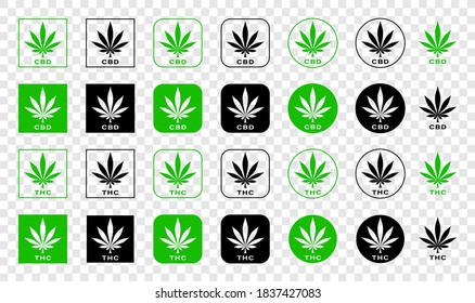 Canabis-Blatt-Vektorsymbol. Hergestellt 100 Prozent organische Cannabis oder Hanf Kosmetika und natürliches Logo für die pharmazeutische Prägung. Informationsetikett - CBD und THC. Vektorgrafik.	