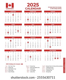 Canada 2025 yearly calendar with national holidays