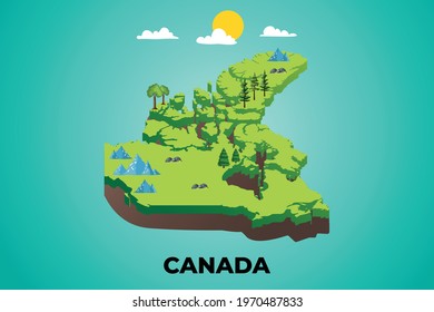 Canada 3d Isometric Map With Topographic Details Mountains, Trees And Soil Vector Illustration Design