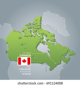 Canada 3d map with information of area and population of the country.
