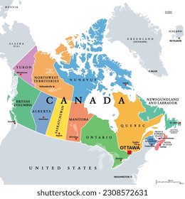 Canada, administrative divisions, colored political map. Ten provinces and three territories of Canada, with borders and capitals. Country in North America, and second largest country of the world.