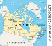 Canada, administrative divisions, political map. The ten provinces and three territories of Canada, with their borders and capitals. Country in North America, and second largest country of the world.