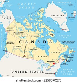 Canada, administrative divisions, political map. The ten provinces and three territories of Canada, with their borders and capitals. Country in North America, and second largest country of the world.