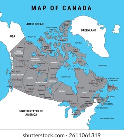 Canada Administrative map vector isolated illustration. Canada map with Provinces. Canadian Political map with Regions, Red, Blue, Green, Grey, Colorful Canada outline map, eps 10 vector image
