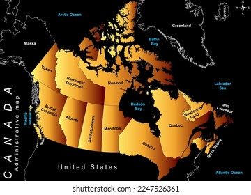 Canada Administrative Political Boundaries Map in Gold style HD Quality