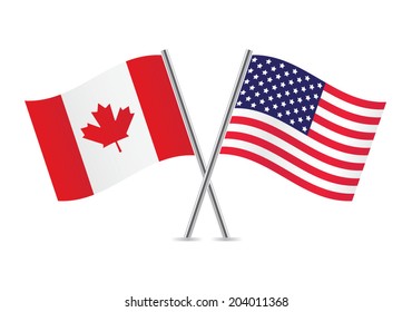 Canada and America crossed flags. Canadian and American flags on white background. Vector illustration.