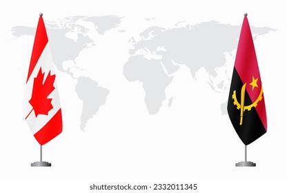 Canada and Angola flags for official meeting against background of world map.