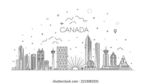 Canada Architecture Line Skyline Illustration. Famous Landmarks. Vancouver And Calgary