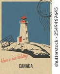 Canada Attraction Postcard, Cape Mudge Lighthouse Popular Place Illustration, Vector Template Retro Style Greeting Card with handwriting wish. Postal Imprint, Aged Paper Texture