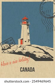 Canada Attraction Postcard, Cape Mudge Leuchtturm Beliebte Platz Illustration, Vektor Vorlage Retro Stil Grußkarte mit Handschrift Wunsch. Postaufdruck, gereifte Papierstruktur