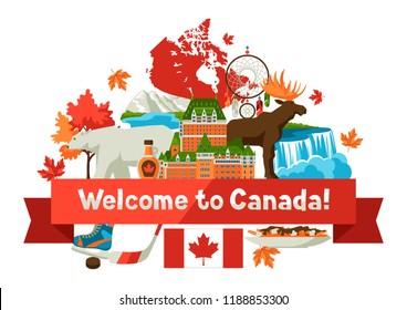 Canada background design. Canadian traditional symbols and attractions.