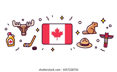 Canada banner design elements. Canadian flag surrounded with traditional signs and symbols. Vector clip art illustration, cute cartoon style.