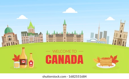 Canada Banner Template with Canadian National Cultural Symbols and Landmarks Vector Illustration