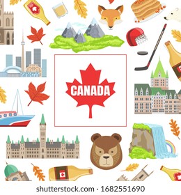 Canada Banner Template with Canadian National Cultural Symbols Vector Illustration