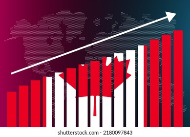 Canada bar chart graph, increasing values, country statistics concept, Canada country flag on bar graph, upward rising arrow on data, news banner idea