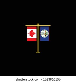 Canada and Belize friendship concept.Canada and Belize flags hanging side by side on golden poles. isolated on black bakcground