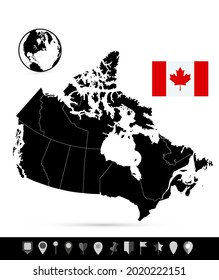Canada Black Map and Flat Map Pointers. No text. Highly detailed map.