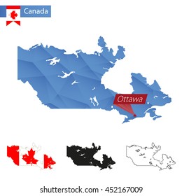 Canada blue Low Poly map with capital Ottawa, versions with flag, black and outline. Vector Illustration.