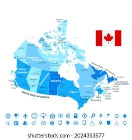 Canada Blue Map and Navigation Icons - vector illustration. Regions and provinces.